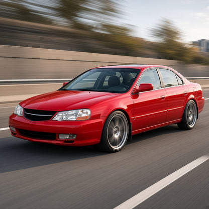 Red Acura TL 1999-2003 with large wheels driving fast on the highway