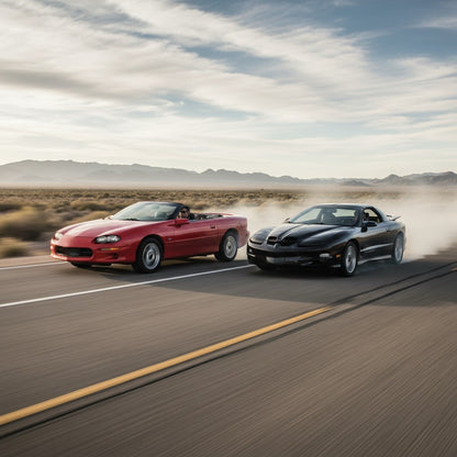 Red 1998-2002 Chevy Camaro and black Pontiac Firebird driving fast on a desert highway