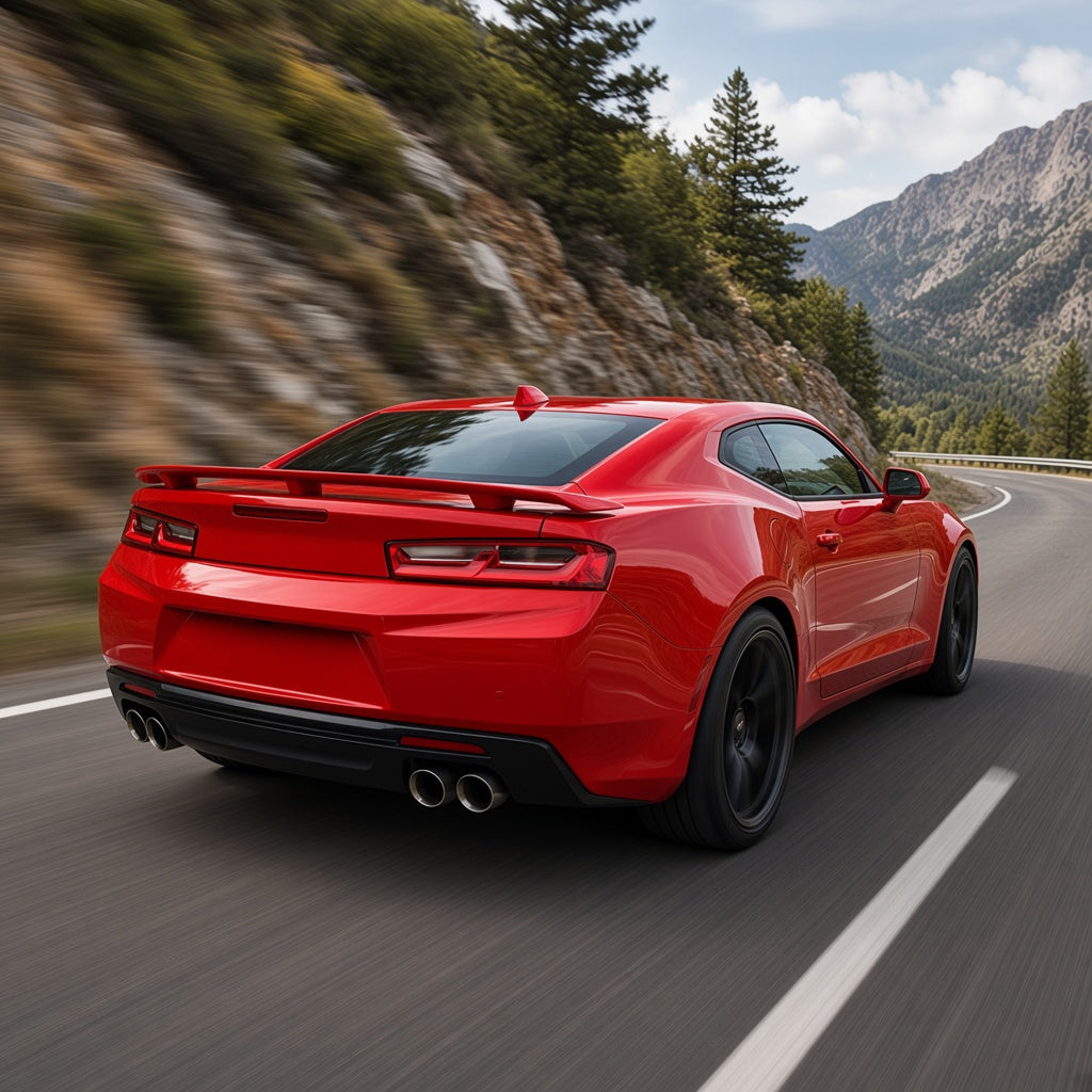 Red 2016-2023 Chevrolet Camaro coupe driving fast on a mountain road