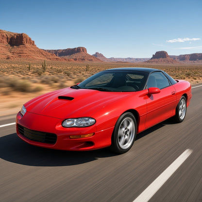 Red 1998-2002 Chevy Camaro driving on a desert highway