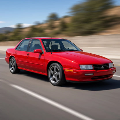Red 1994-1996 Chevy Corsica sedan with sport wheels driving at speed - cold air intake for Corsica 3.1L V6