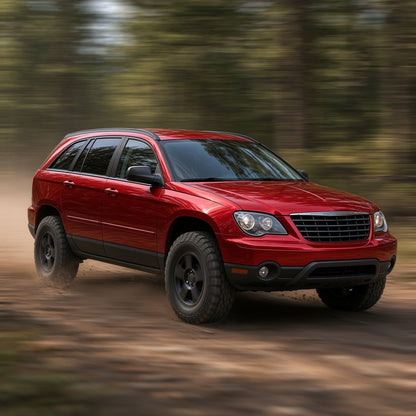 Red Chrysler Pacifica crossover on off-road wheels and all-terrain tyres driving on a forest trail - air intake for the 2004-2008 V6