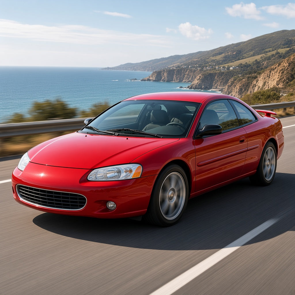 Red 2001-2005 Chrysler Sebring coupe driving fast on a coastal highway