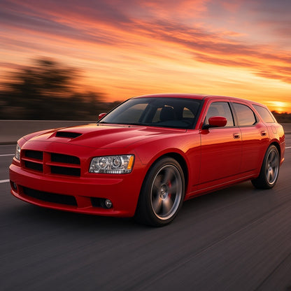 Red 2005-2008 Dodge Magnum SRT-8 wagon driving fast on the highway at sunset