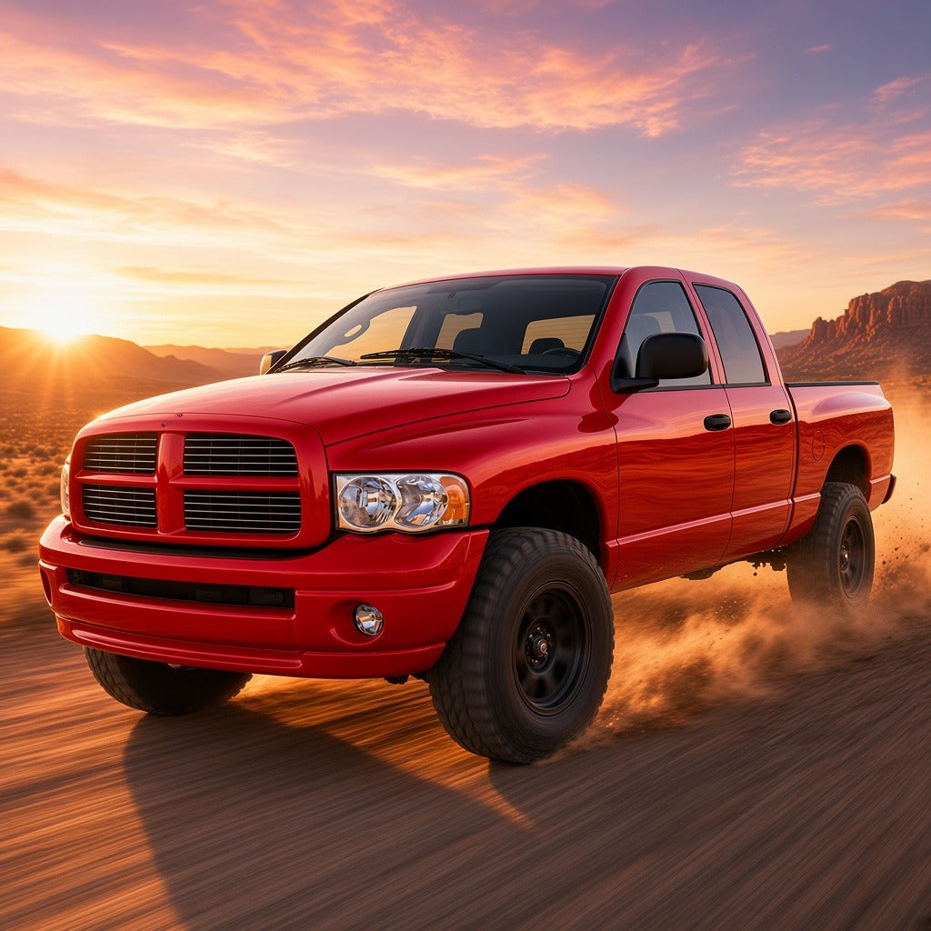 Red Dodge Ram 1500 driving fast off-road