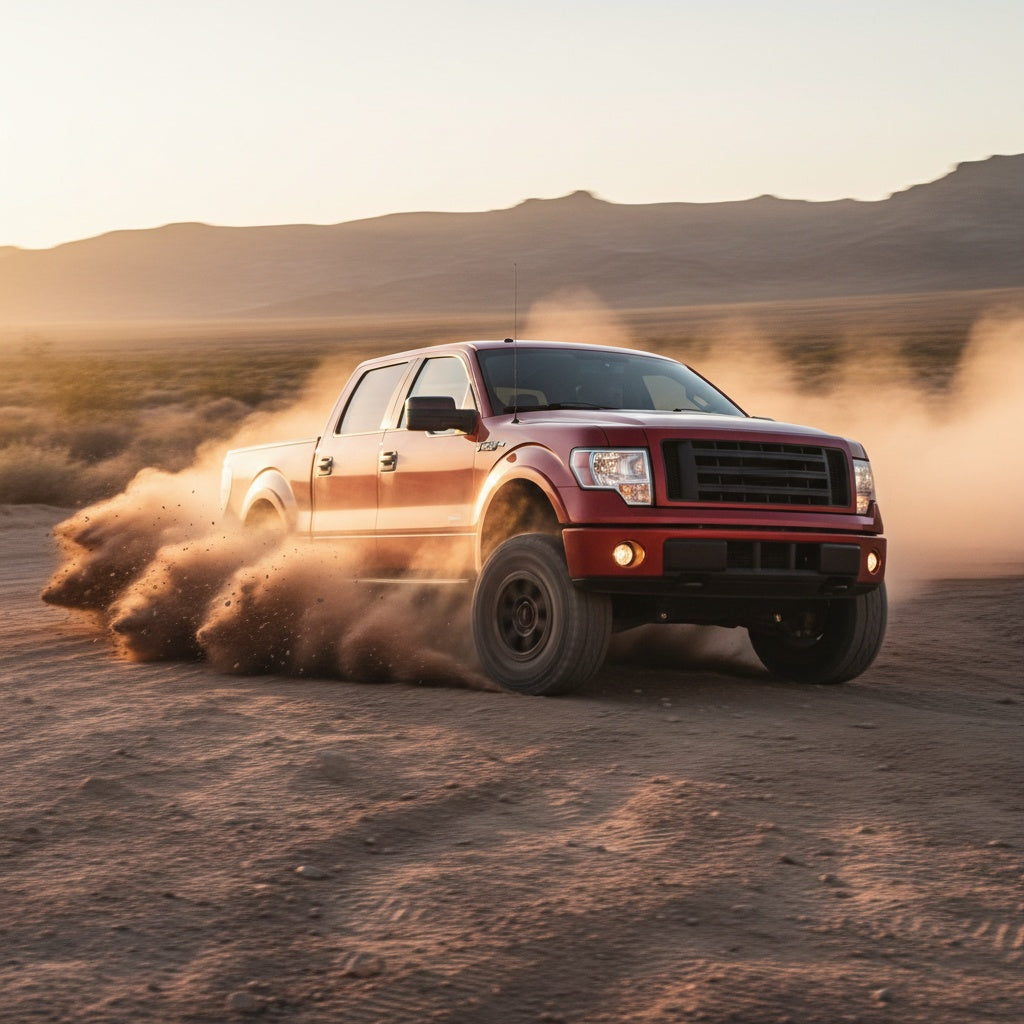 Red Ford F-150 driving off-road in the desert