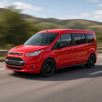 Red 2014-2018 Ford Transit Connect van with large aftermarket wheels driving fast