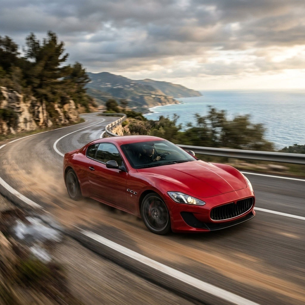 Red Maserati GranTurismo driving fast on a road