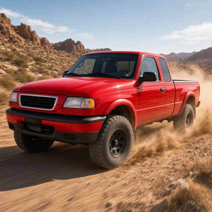 Red Mazda B4000 pickup driving off-road on a desert trail
