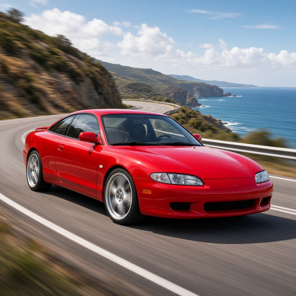 Red Mazda MX-6 coupe driving on a coastal road