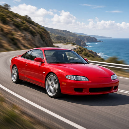 Red Mazda MX-6 coupe driving on a coastal road