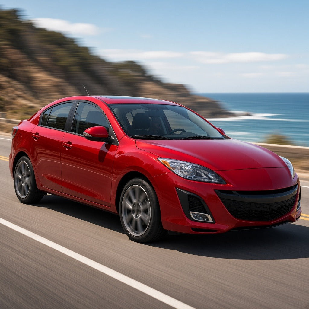 Red 2010-2012 Mazda 3 sedan driving fast on a coastal highway