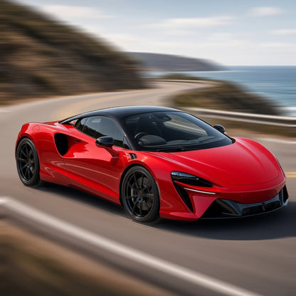 Red McLaren Artura with large aftermarket wheels driving fast