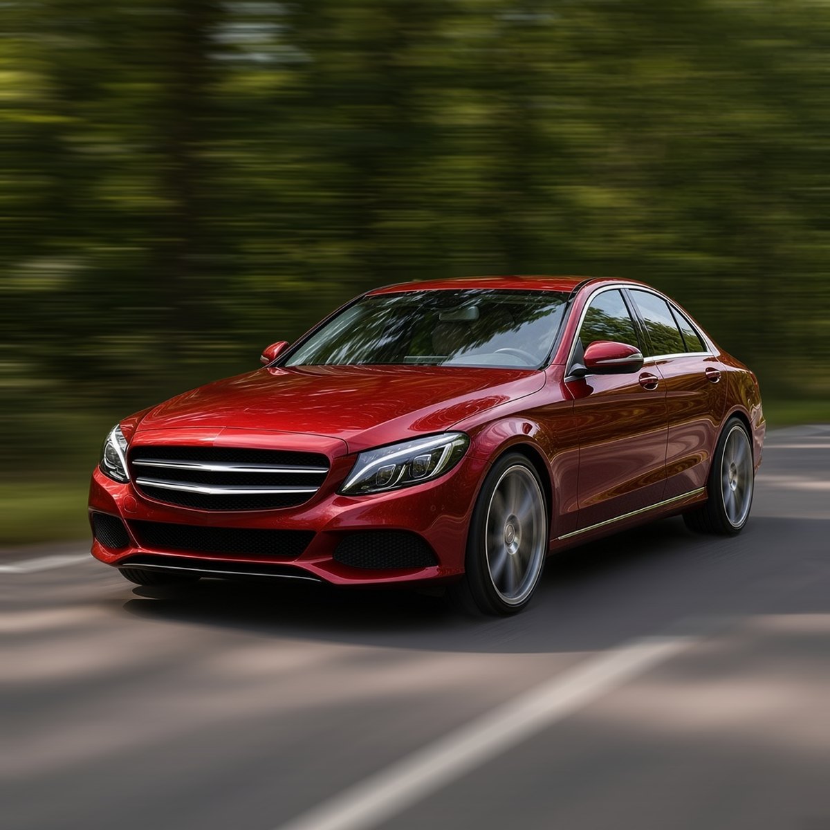 Red Mercedes C-Class sedan with large aftermarket wheels driving fast