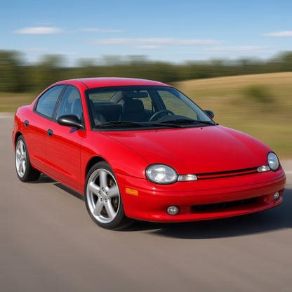 Red 1995-1999 Plymouth Neon sedan with large aftermarket wheels driving fast