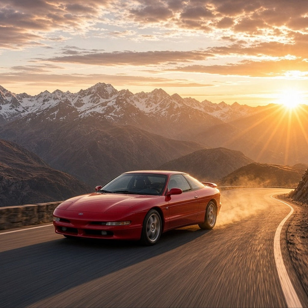 Red sports coupe driving on a mountain road at sunset