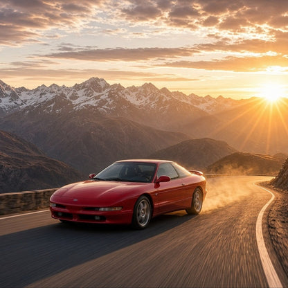 Red sports coupe driving on a mountain road at sunset