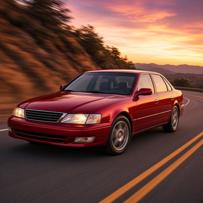 Red 1995 Toyota Avalon driving on a highway at sunset