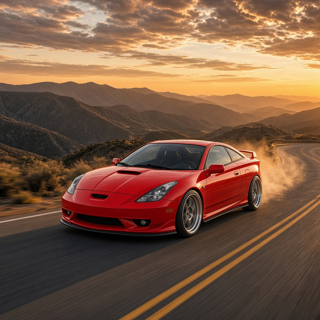 Red Toyota Celica GT 2000-2005 with large wheels driving fast on a mountain road