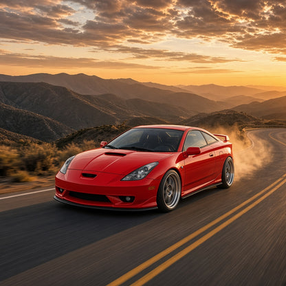 Red Toyota Celica GT 2000-2005 with large wheels driving fast on a mountain road