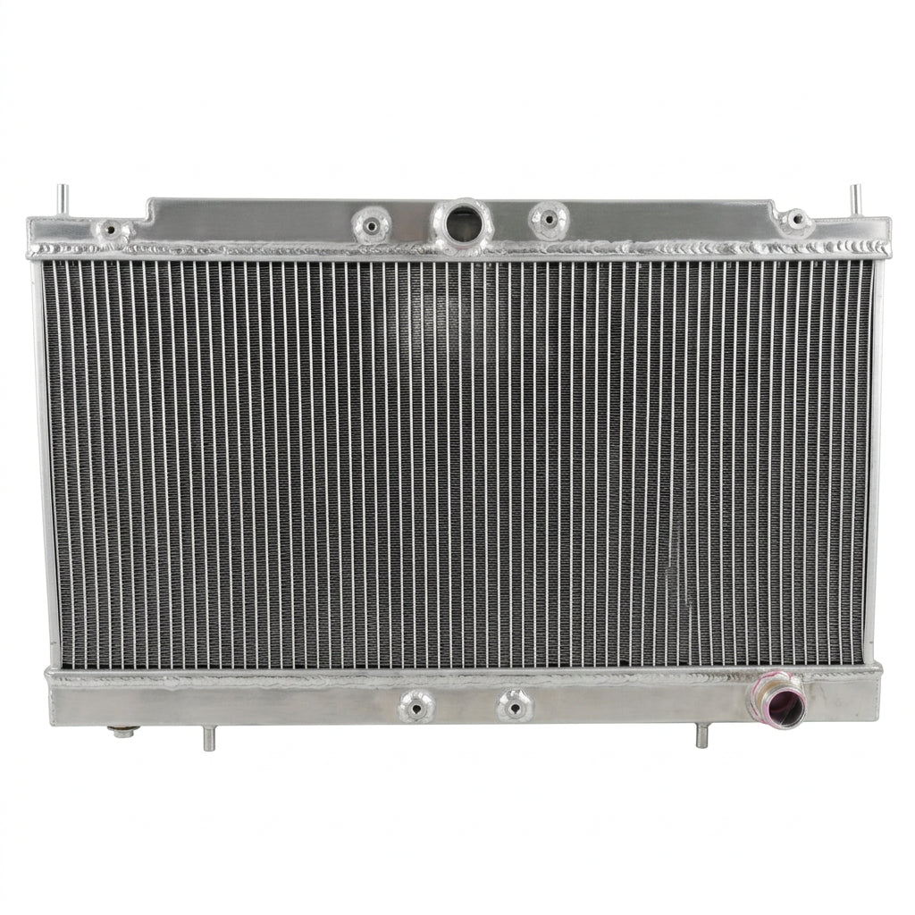 A silver aluminum automotive radiator with a ribbed metal core and mounting brackets, photographed against a plain light gray background.