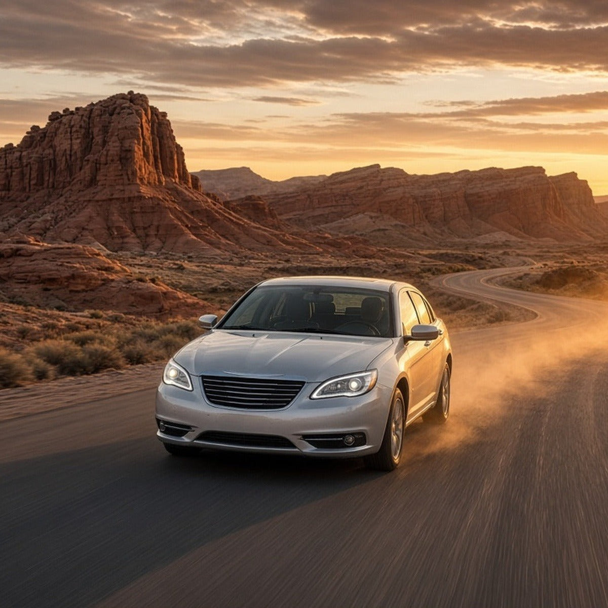 Silver Chrysler 200 sedan driving fast on a desert road