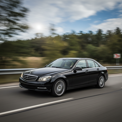 Square 1:1 image: A black Mercedes Benz 2007 C300 driving fast
