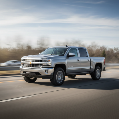 Square 1:1 image: Chevrolet Silverado (2014-2018) driving fast down the highway showing speed
