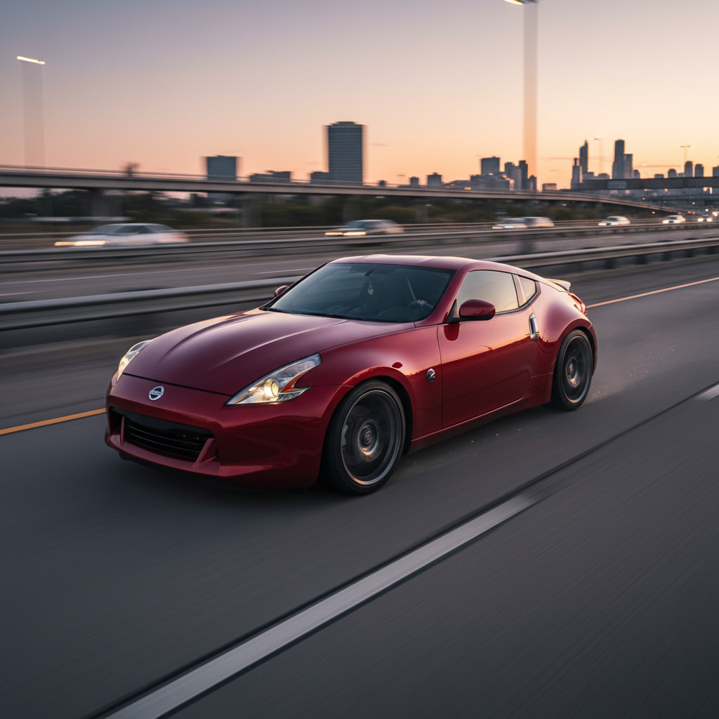 Square 1:1 ratio photo of a : Nissan 370Z (2009-2020) driving fast down the highway, showing speed, the car is red with aftermarket wheels
