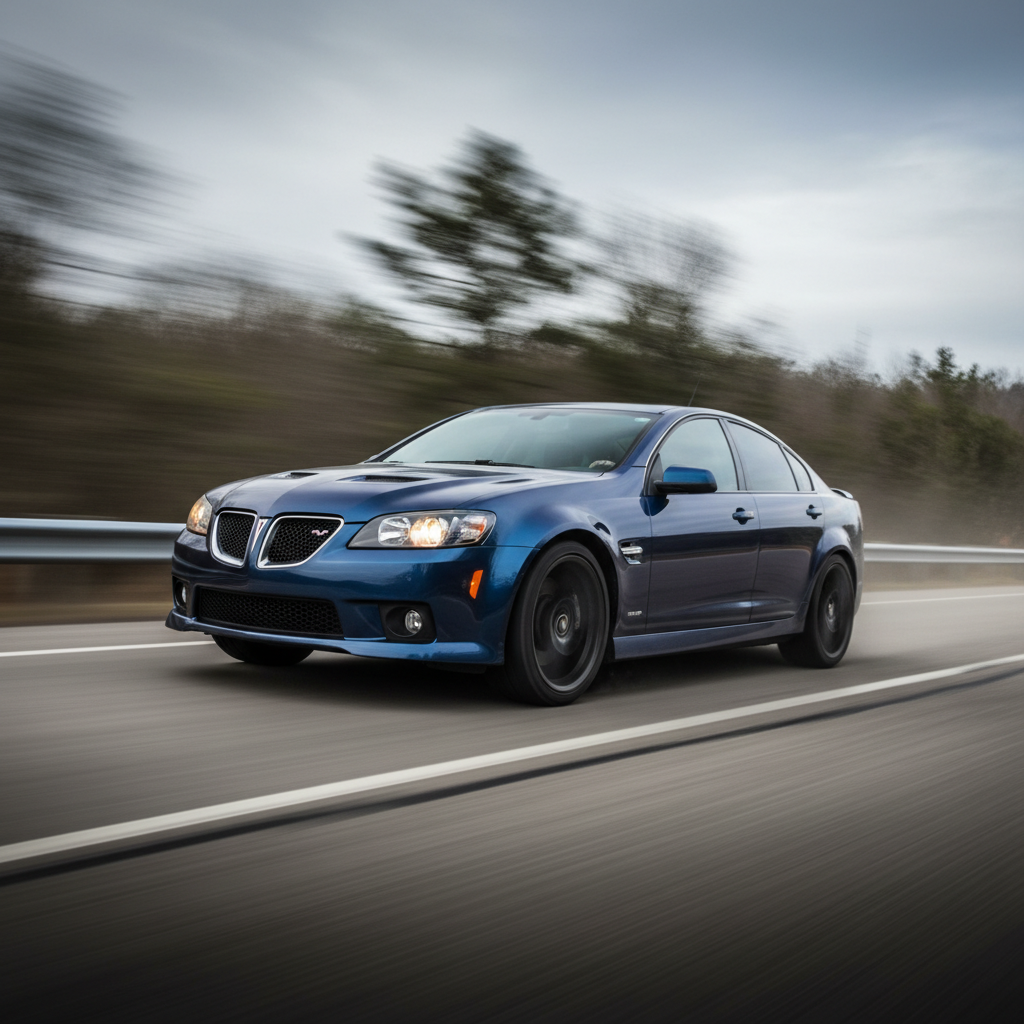 Square 1:1 ration image of a  2008-2009 Pontiac G8 GT GXP driving VERY fast on the road.