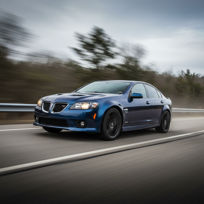 Square 1:1 ration image of a  2008-2009 Pontiac G8 GT GXP driving VERY fast on the road.