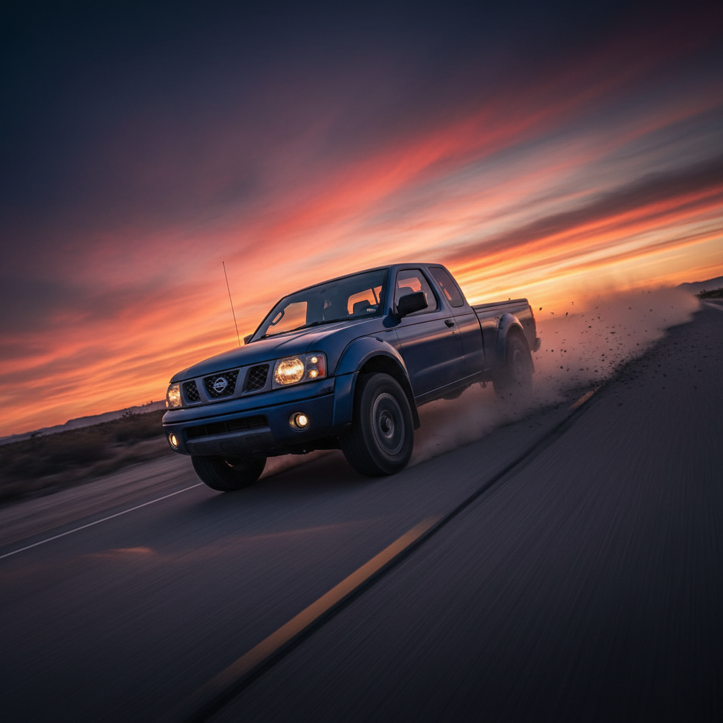 Square image 1:1 ratio of a Nissan Frontier (1999-2004) driving fast showing speed and excitement