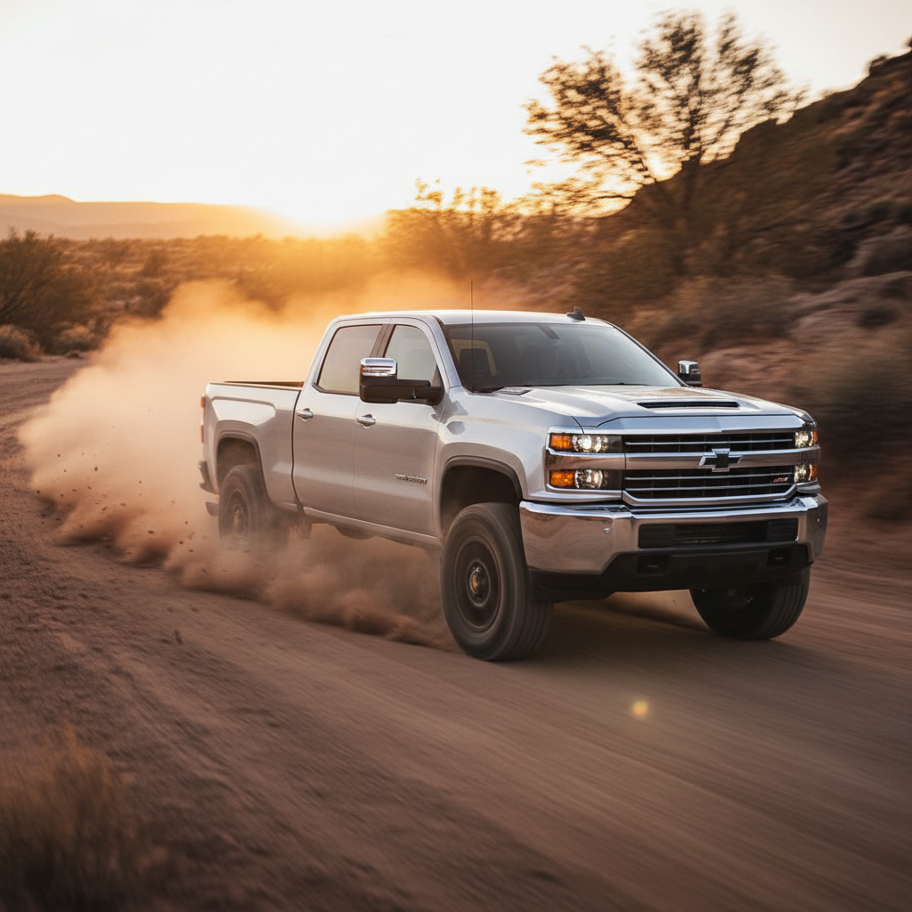 Square image of a Chevrolet Silverado 1500/2500 HD driving fast showing speed and excitement