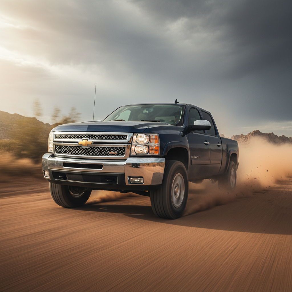 Square image of a [Chevy Silverado 2006] driving fast showing speed and excitement