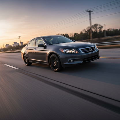 Square image, of a Honda Accord (2008-2012) with black wheels speeding down the road