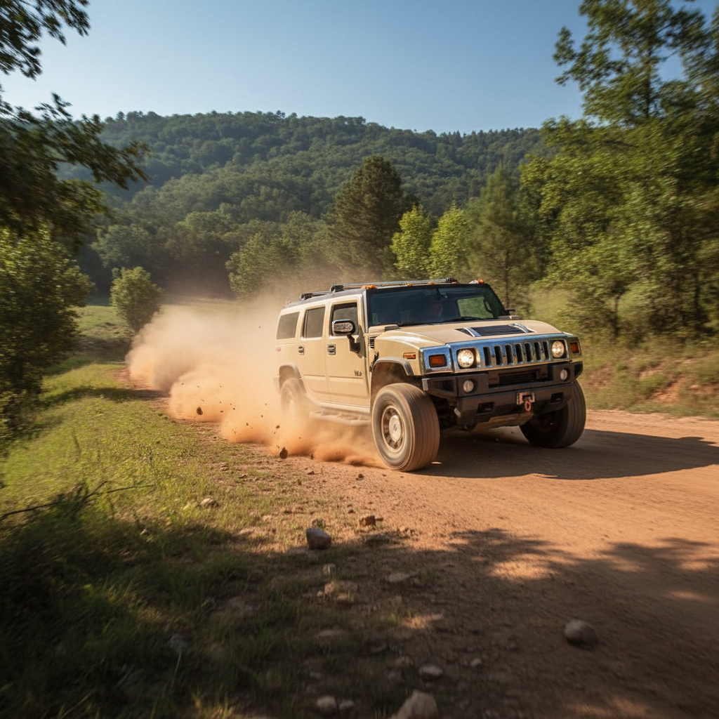 Square image of a Hummer H2 driving fast through the backroads showing speed