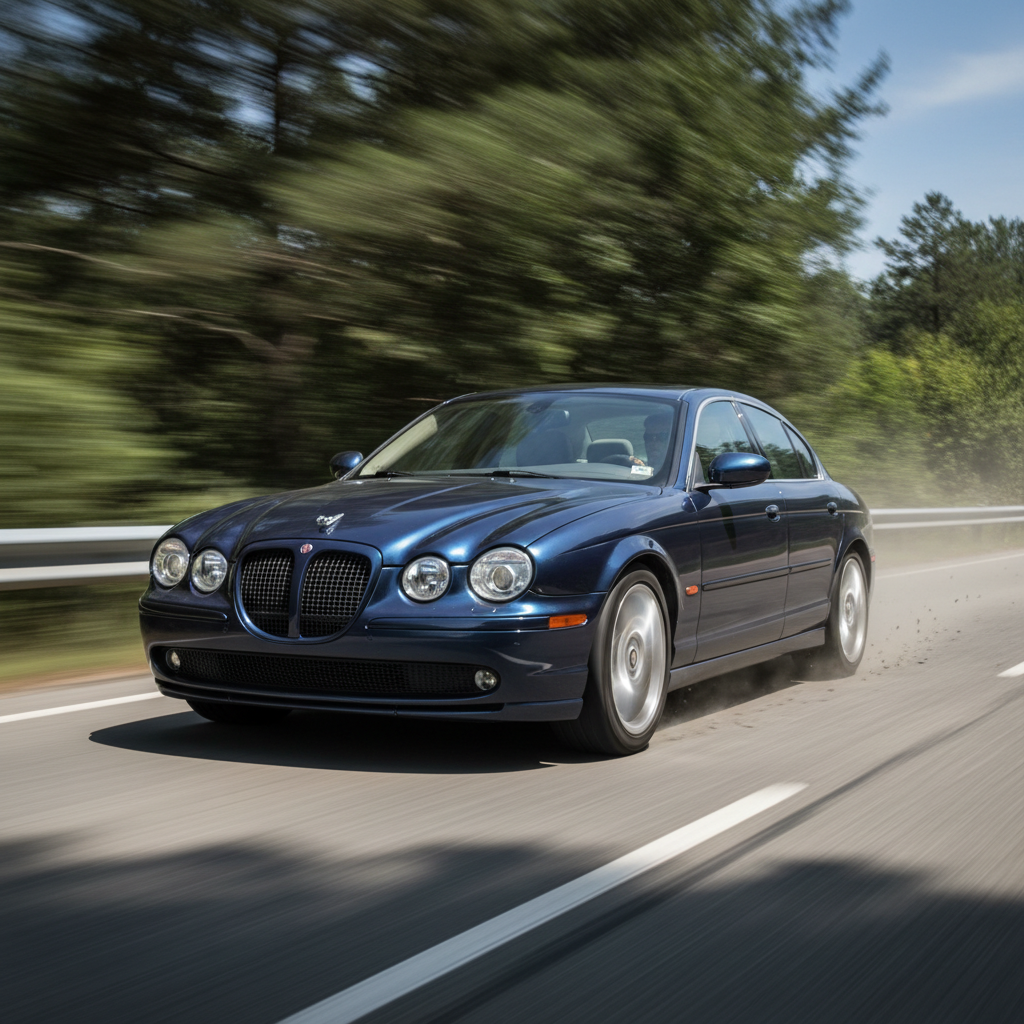Square image of a Jaguar S-Type R (2003-2008) driving fast showing speed