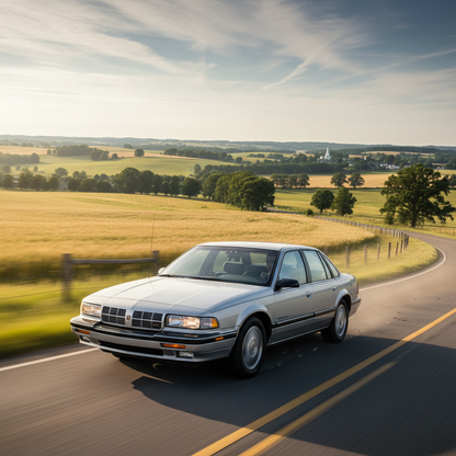 Square image of a Oldsmobile Cutlass Ciera (1989-1993) driving fast through the countryside.