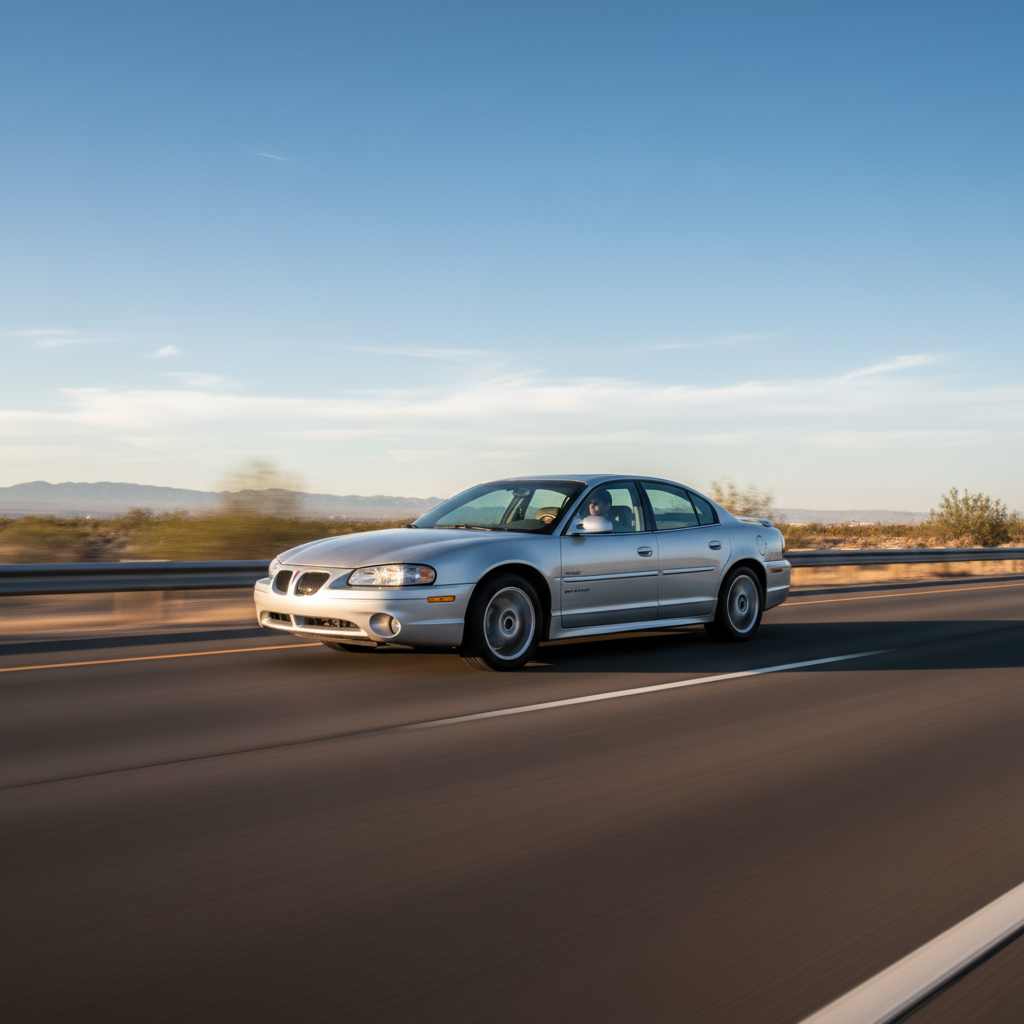 Square image of a Pontiac Grand Prix (1997-2003)  driving fast down the highway