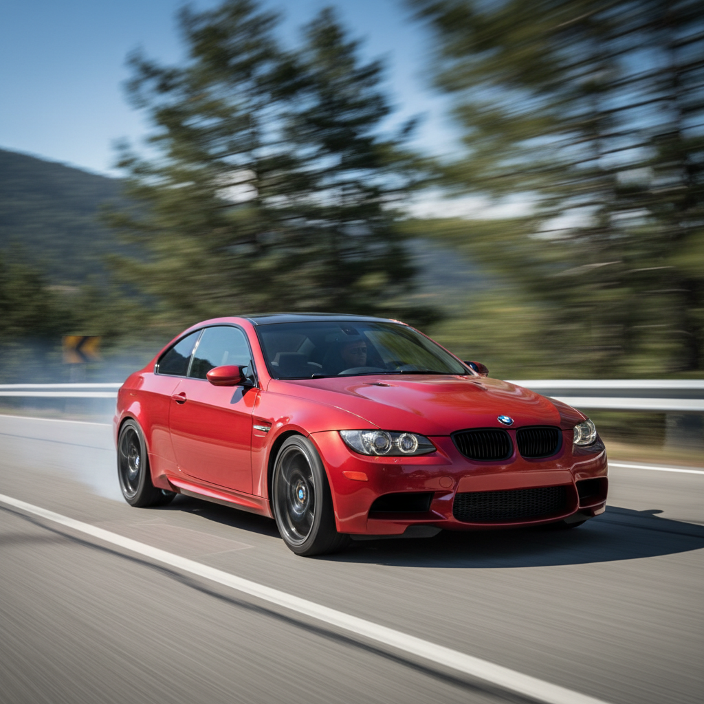 Square Photo 1:1: A red 2007–2013 BMW M3 driving fast 