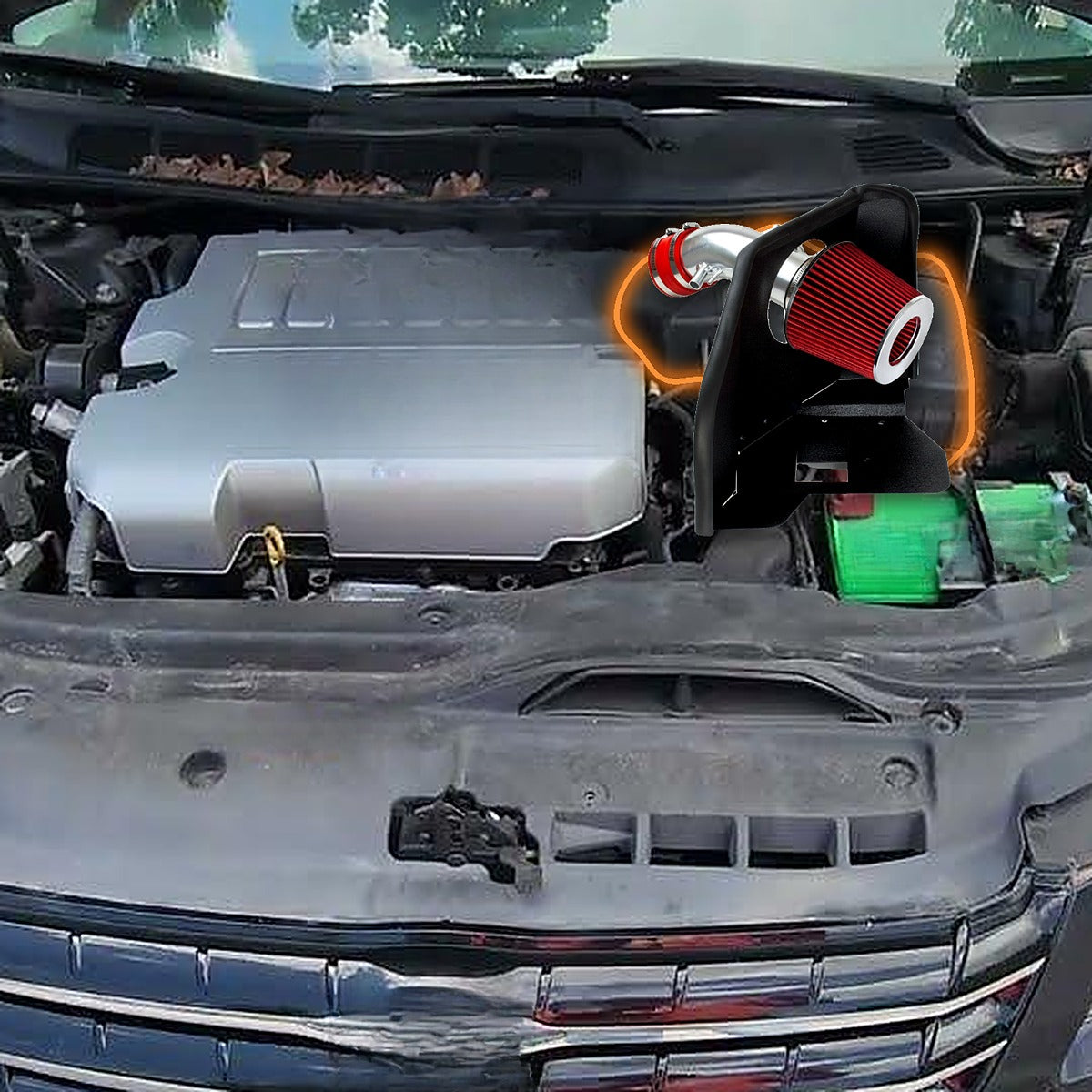 Toyota Avalon 3.5L V6 engine bay with the stock airbox and intake duct highlighted, and the cold air intake kit shown at scale