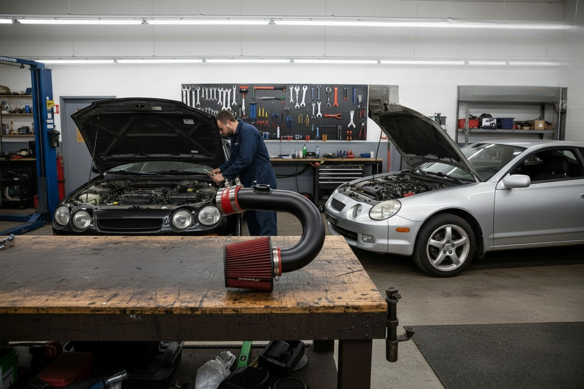 Toyota Celica in a workshop with the cold air intake on the bench