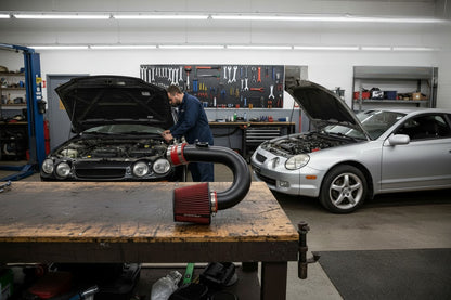 Toyota Celica in a workshop with the cold air intake on the bench