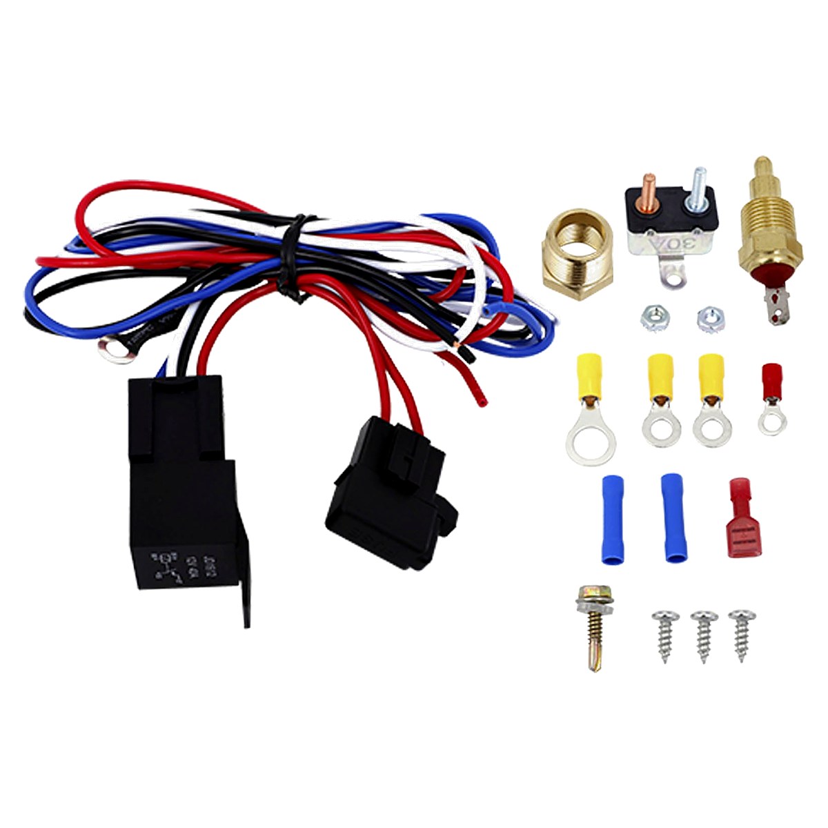 Universal Electric Radiator Fan Thermostat Relay Wiring Kit 3/8" NPT Temperature Sensor Switch 185°F On 175°F Off 12V with 30A Breaker