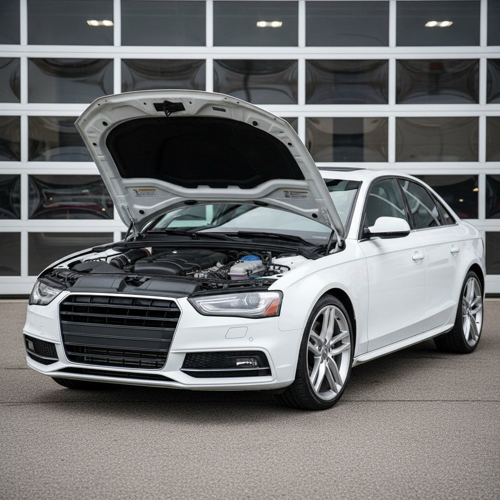 White Audi S4 with hood open showing the intake