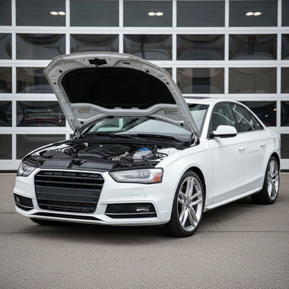 White Audi S4 with hood open showing the intake