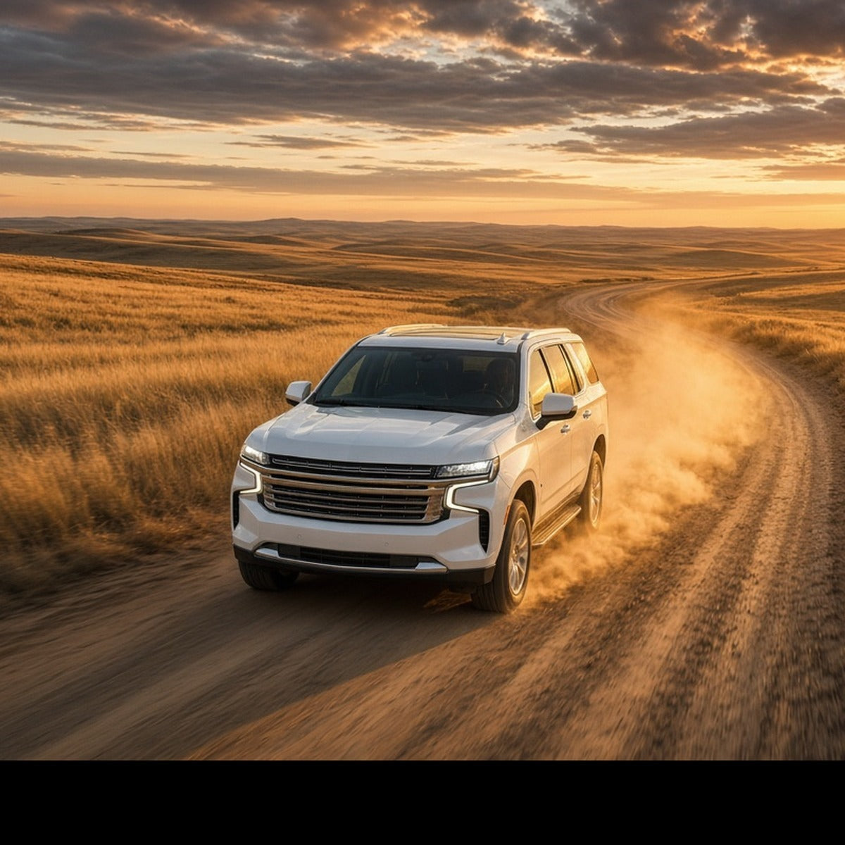White Chevy Suburban driving on a dirt road at sunset